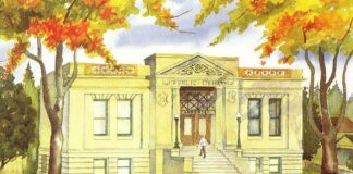 Healdsburg Museum election results, 2017 highlights and 2018 exhibitions Watercolor of the Museum by Rosinda Holmes