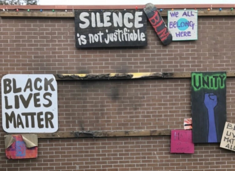 Black Lives Matter banner outside of Sebastopol library burned