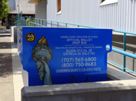Official Ballot Drop Boxes Available Official ballot drop box in front of Healdsburg City Hall on Vine St. Residents can drop their ballots here or at other voting locatoins from now through Electoin Day, June 7. (Christian Kallen)
