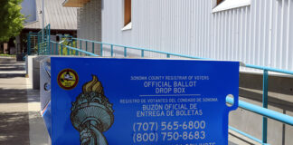 Official ballot drop box in front of Healdsburg City Hall on Vine St. Residents can drop their ballots here or at other voting locatoins from now through Electoin Day, June 7. (Christian Kallen)