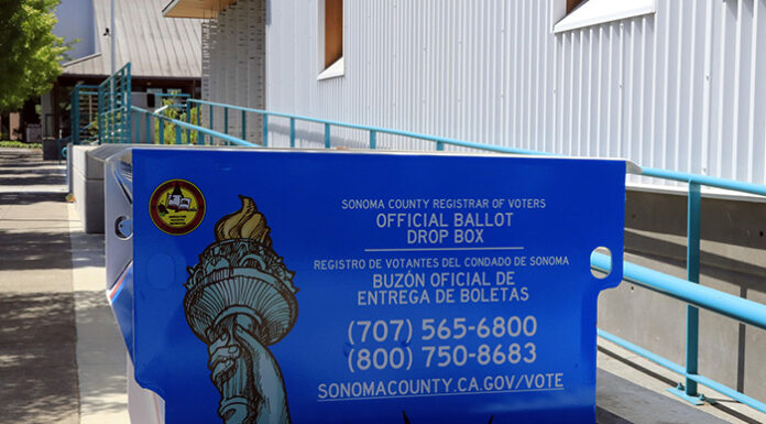 Official ballot drop box in front of Healdsburg City Hall on Vine St. Residents can drop their ballots here or at other voting locatoins from now through Electoin Day, June 7. (Christian Kallen)