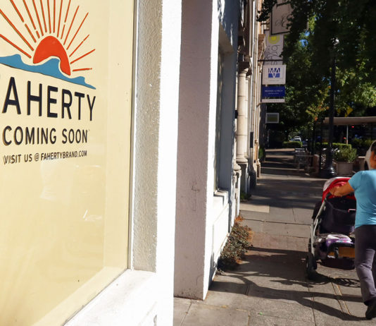 Chain Stores Banned From Healdsburg Plaza Coming soon sign for Faherty