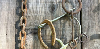 Rusted horse tack on a barn door