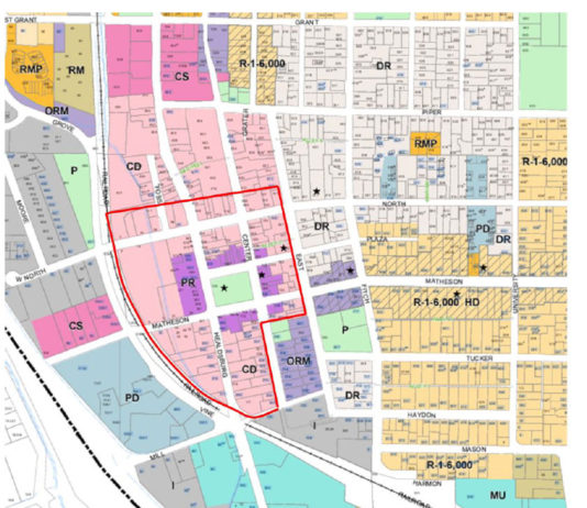 Map of Healdsburg downtown with retail exclusion zone shown