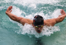 BUTTERFLY Leo Kluse in midstroke at a 2025 meet.