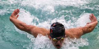 BUTTERFLY Leo Kluse in midstroke at a 2025 meet.