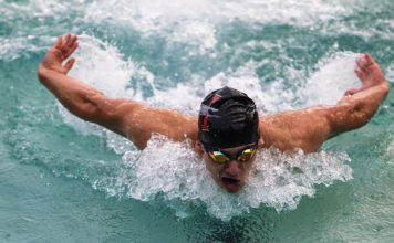 BUTTERFLY Leo Kluse in midstroke at a 2025 meet.