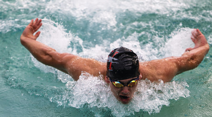 BUTTERFLY Leo Kluse in midstroke at a 2025 meet.
