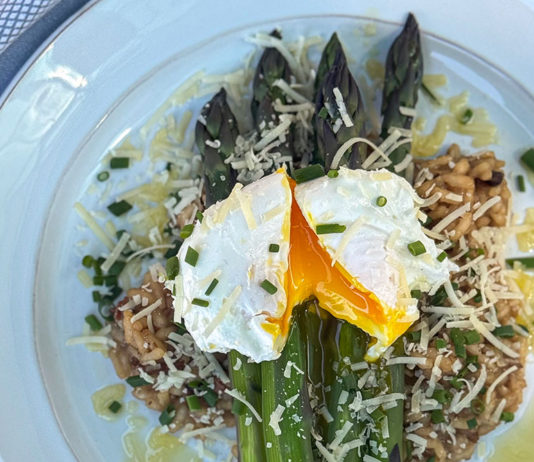 Poached Eggs & Asparagus with Wild Mushroom Risotto