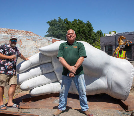 Bryce Jones and Bob Sherman at the newly-oved Agraria art piece