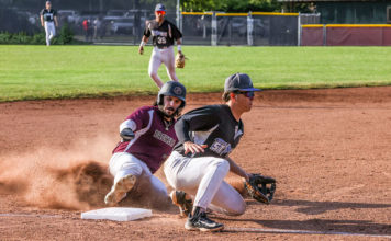 Baserunner Logan Sutter slides into third
