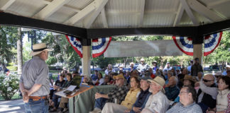 Locals listen to a lecture in Healdsburg's Plaza.