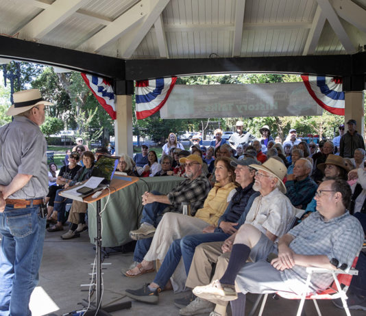 Locals listen to a lecture in Healdsburg's Plaza.