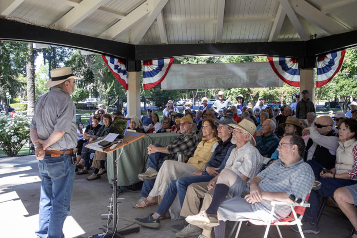 Locals listen to a lecture in Healdsburg's Plaza.