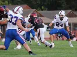 Dillan Jocius (45), a flexible member of the 2025 Healdsburg Greyhounds football team,
