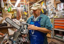 Local ‘rock star’ on art tour Sculptor T Barny with diamond saw