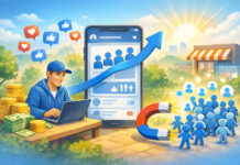 Best Sites to Buy Facebook Followers in 2026 Landscape digital illustration of a smiling person using a laptop beside a large phone screen, with follower icons, engagement symbols, and an upward growth theme in a bright, positive setting.