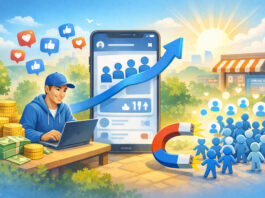 Best Sites to Buy Facebook Followers in 2026 Landscape digital illustration of a smiling person using a laptop beside a large phone screen, with follower icons, engagement symbols, and an upward growth theme in a bright, positive setting.