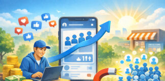 Landscape digital illustration of a smiling person using a laptop beside a large phone screen, with follower icons, engagement symbols, and an upward growth theme in a bright, positive setting.