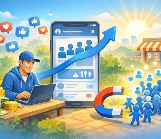 Best Sites to Buy Facebook Followers in 2026 Landscape digital illustration of a smiling person using a laptop beside a large phone screen, with follower icons, engagement symbols, and an upward growth theme in a bright, positive setting.