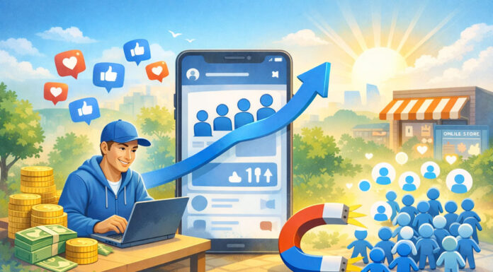 Best Sites to Buy Facebook Followers in 2026 Landscape digital illustration of a smiling person using a laptop beside a large phone screen, with follower icons, engagement symbols, and an upward growth theme in a bright, positive setting.