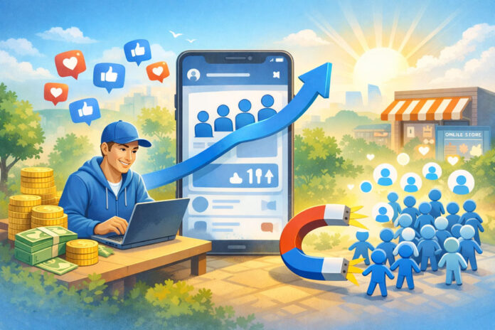Landscape digital illustration of a smiling person using a laptop beside a large phone screen, with follower icons, engagement symbols, and an upward growth theme in a bright, positive setting.