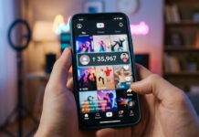 Person holding a smartphone showing a short-form video feed with creator content and a visible increase in followers, in a softly lit indoor setting.