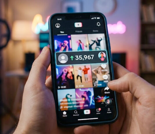 Person holding a smartphone showing a short-form video feed with creator content and a visible increase in followers, in a softly lit indoor setting.