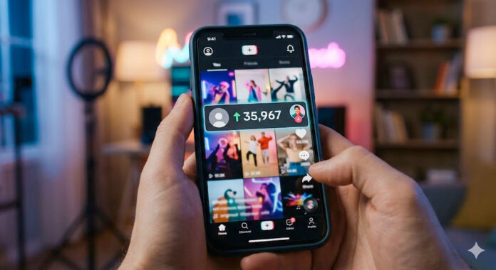 Person holding a smartphone showing a short-form video feed with creator content and a visible increase in followers, in a softly lit indoor setting.