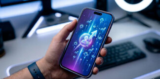Hand holding a smartphone with a glowing screen featuring upward arrows, stars, and profile icons, symbolizing social media growth and increasing online visibility.