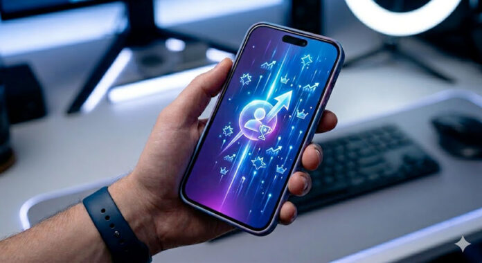 Hand holding a smartphone with a glowing screen featuring upward arrows, stars, and profile icons, symbolizing social media growth and increasing online visibility.