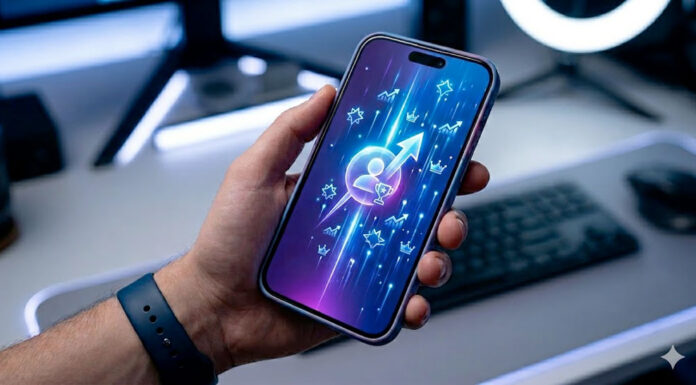 Best Sites to Buy Twitter Followers in 2026 Hand holding a smartphone with a glowing screen featuring upward arrows, stars, and profile icons, symbolizing social media growth and increasing online visibility.