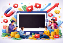 Illustration showing several creators around a large computer monitor with a plain black video screen, surrounded by coins, arrows, chat icons and engagement symbols in a colorful modern style.