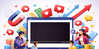 Illustration showing several creators around a large computer monitor with a plain black video screen, surrounded by coins, arrows, chat icons and engagement symbols in a colorful modern style.