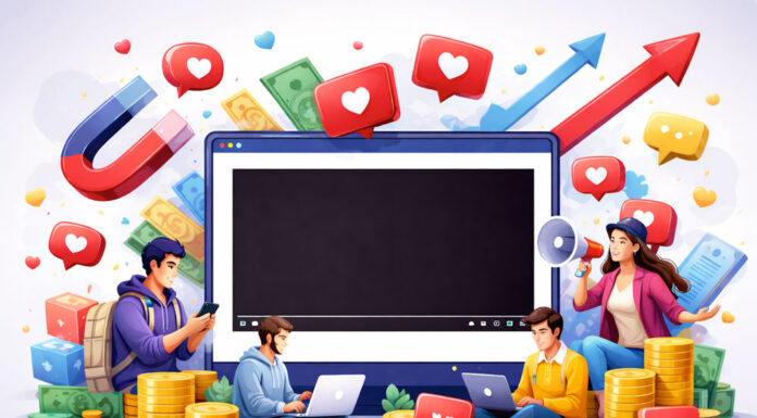 Best Sites to Buy YouTube Views in 2026 Illustration showing several creators around a large computer monitor with a plain black video screen, surrounded by coins, arrows, chat icons and engagement symbols in a colorful modern style.