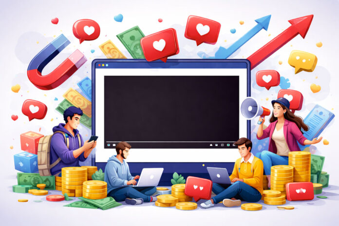 Illustration showing several creators around a large computer monitor with a plain black video screen, surrounded by coins, arrows, chat icons and engagement symbols in a colorful modern style.