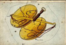 Free Will Astrology, Aug. 19-25 Antique illustration of the Libra constellation showing golden scales and labeled stars.