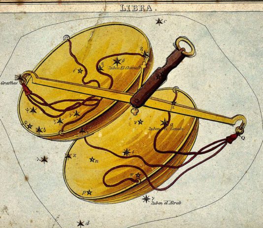 Free Will Astrology, Sept. 16-22 Antique illustration of the Libra constellation showing golden scales and labeled stars.