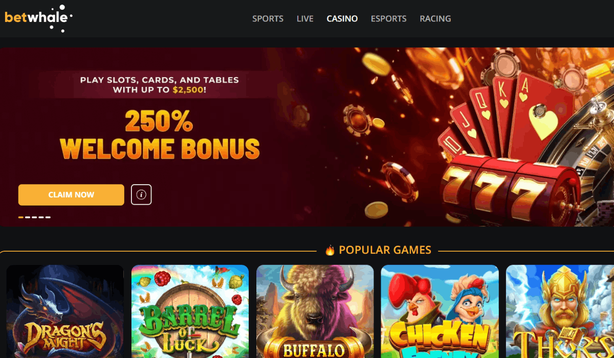 BetWhale casino homepage with a 250% welcome bonus banner