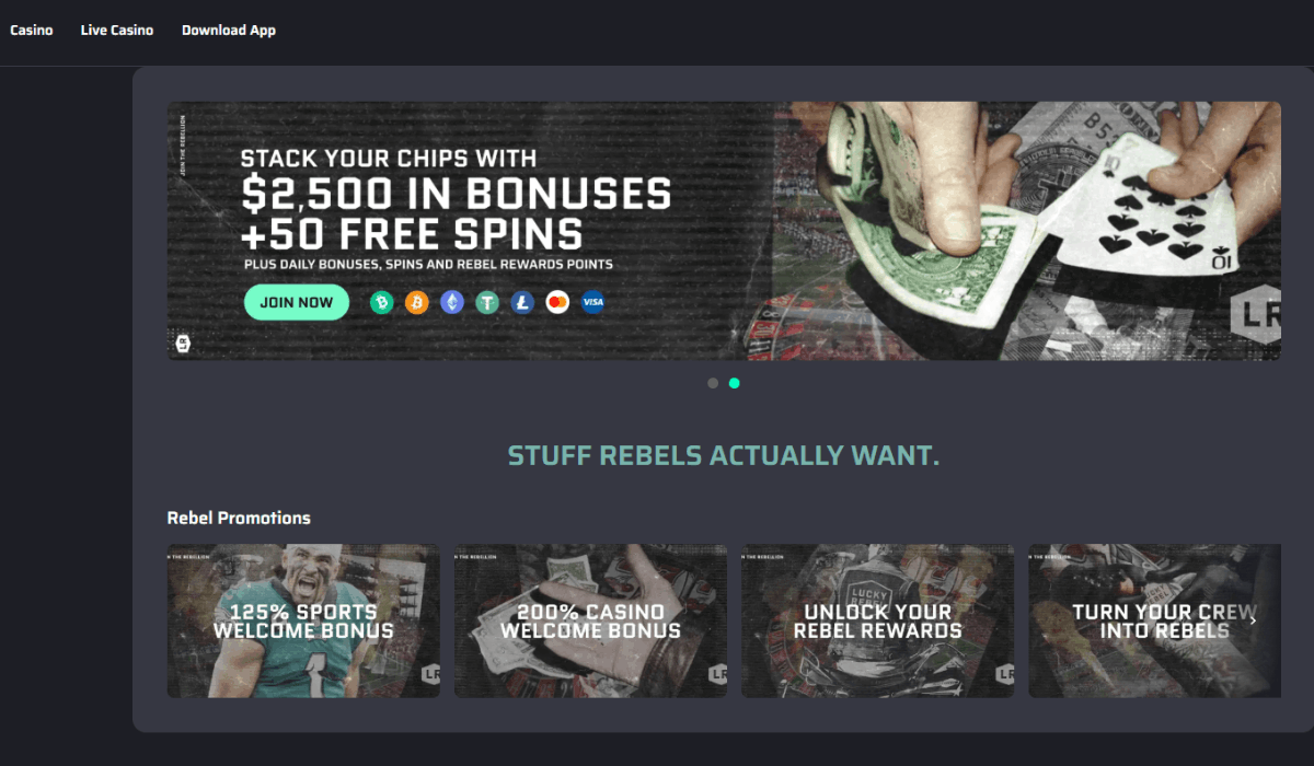 Lucky Rebel casino promotions banner offering $2,500 in bonuses and 50 free spins