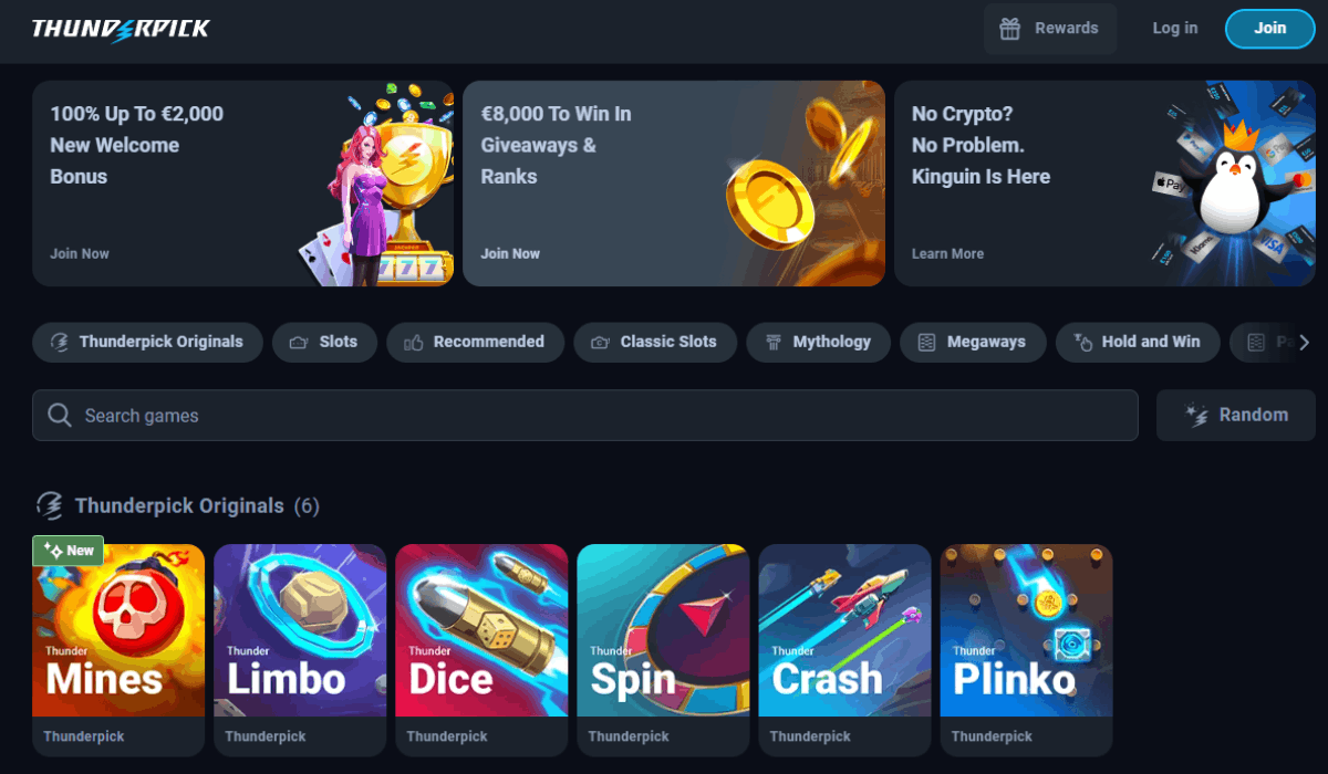 Thunderpick casino homepage with a 100% welcome bonus and Thunderpick Originals games